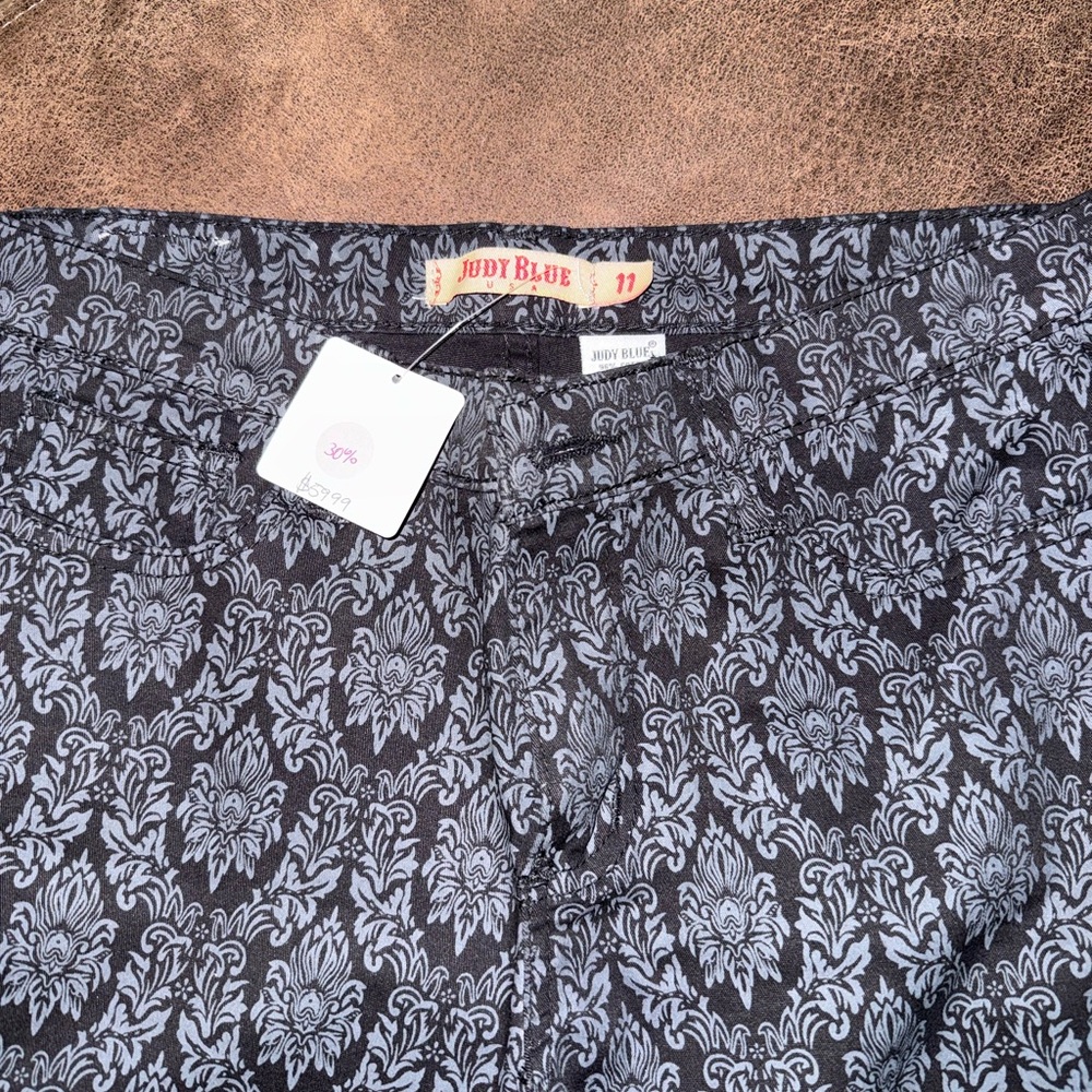 Judy Blue Black Pants with Light Gray Damask Print